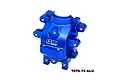 A blue anodized aluminium rear differential housing for RC cars by GPM Racing, featuring multiple mounting points and the GPM Racing logo.
