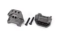 Traxxas lower shock mount set including two grey plastic mounts and two black metal screws on a white background.