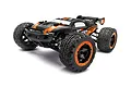 BlackZon Slyder ST 1/16 scale RC stadium truck in black and orange livery, viewed from a front three-quarter angle against a white background.