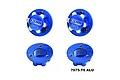 Four blue GPM Racing 17mm aluminium wheel lock nuts shown from top and bottom angles against a white background.