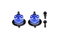Two blue GPM Racing aluminium differential housings with black ring gears and two separate black pinion gears on a white background.