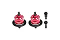 Two red anodized aluminium RC differential housings with black ring gears and two separate black pinion gears on a white background.