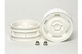 Two white Tamiya 1/10 scale star-dish front RC rims and two metal locking wheel nuts on a white background.