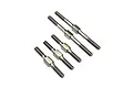 A set of five silver-coloured titanium turnbuckles of varying lengths arranged diagonally against a white background.