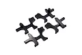 A set of four black anodized aluminium RC car bulkheads arranged on a white background.