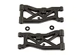 Two black plastic RC car front suspension arms with two small circular spacers on a white background.