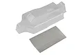 A clear, unpainted 1/10 scale RC buggy body shell with a matching sheet of window masks on a white background.
