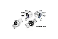 Four silver GPM Racing aluminium RC car steering and rear hubs with installed bearings, isolated on a white background.