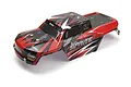 A pre-painted red, black, and white RC truck body shell for the BlackZon Spryte, featuring aggressive geometric graphics and branding.