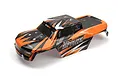 A pre-painted orange and black RC truck body shell for the BlackZon Spryte MT, featuring geometric graphics and pre-cut mounting holes.