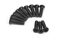 A collection of black countersunk head screws with coarse threads arranged on a white background.