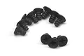 A collection of black, coarse-thread countersunk screws with Phillips heads, arranged on a white background.