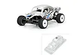 A fully assembled RC buggy with a silver VW Baja Bug body shell, alongside an inset image of the unpainted clear body shell in its packaging.