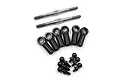A set of Yeah Racing silver titanium turnbuckles, black plastic rod ends, and black metal ball studs on a white background.