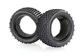 Two black rubber RC buggy tyres with a knobby tread pattern and internal foam inserts, isolated on a white background.