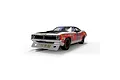 A 1/32 scale Scalextric Plymouth Barracuda slot car in white, red, and blue racing livery with number 44 on the side.