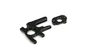 A black anodized aluminum motor mount and a separate small adapter plate for an RC vehicle, shown against a plain white background.