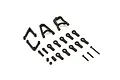 A set of black plastic RC suspension parts including steering knuckles, ball ends, and small metal screws on a white background.