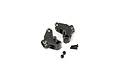 Two gunmetal aluminium rear hubs for an RC car, accompanied by two small black screws and two ball studs on a white background.
