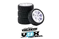 A set of four Volante 1/10 scale V9X Evolution 32R radial on-road RC car tyres mounted on white plastic wheels, displayed against a white background.