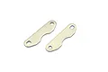 Two metallic, elongated brake disc pad plates with rounded ends and a central cutout, viewed from above against a white background.