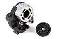 Traxxas 1/16 scale brushed transmission assembly with a separate black spur gear on a white background.