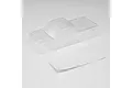 A clear, unpainted polycarbonate body shell for an Axial 1/24 SCX24 Base Camp RC crawler, shown with a decal sheet on a white background.