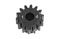 A black 14-tooth pinion gear for RC cars, featuring the number 14 etched on its face.