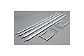 E-Flite wing strut set including four long white struts, two U-shaped white brackets, and a collection of metal screws, pins, and nuts on a grey background.