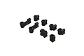 A set of seven black plastic ARRMA RC body post mount components arranged on a white background.