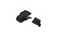 Two black plastic ARRMA RC front body mount components isolated on a white background.