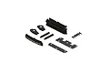 ARRMA body parts set including a front bumper with logo, plastic mounts, flat plates, and small screws on a white background.
