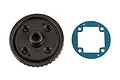 A Team Associated differential ring gear and a matching blue paper gasket isolated on a white background.