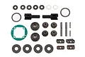 Team Associated differential rebuild kit containing various metal gears, outdrives, washers, pins, and a green gasket on a white background.