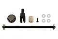 Team Associated RC drivetrain spare parts set including a driveshaft, pinion gear, outdrive shaft, screw, and four washers on a white background.