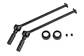Two black metal CVD driveshafts for an RC car, including two small rubber spacers and two grub screws, isolated on a white background.