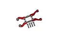 Two red anodized aluminium steering tie rods for RC cars with four included mounting screws on a white background.