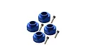 A set of four blue anodized aluminium 12mm wheel hex adapters with 6mm extension, including four small metal pins.