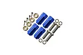 A set of four blue anodized aluminium 23mm extended wheel hexes with included pins, washers, and screws for RC vehicles.