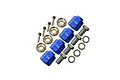 A set of four blue anodized aluminium 12mm wheel hex adapters with matching steel pins, washers, and bolts for RC cars.
