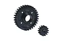 A large 33T gear and a smaller 14T gear made of black carbon steel for RC drivetrain applications.