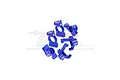 A set of six blue anodized aluminium RC car hub carriers and steering knuckles from GPM Racing, arranged on a white background.