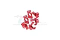A set of six red anodized aluminium RC car hub carriers and steering knuckles from GPM Racing, arranged on a white background.