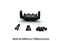 Black aluminium Reefs RC servo mount with included mounting screws on a white background.