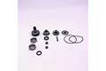A collection of metal servo gears, ball bearings, a metal pin, and rubber O-rings laid out on a white background.