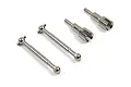 A set of four silver-coloured metal RC car drivetrain components, including two dogbone driveshafts and two wheel axles, arranged on a white background.