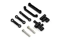 A set of black plastic RC steering linkage parts and two metal pins arranged on a white background.