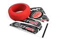 A red foam steering wheel grip for a Maverick MTX-201 transmitter, accompanied by a sheet of branded decals.