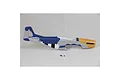 A replacement foam fuselage for an E-Flite RC plane, painted in silver, blue, and yellow with black and white invasion stripes.
