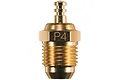 A gold-plated O.S. Engines P4 glow plug for RC nitro engines, shown in a studio product shot against a white background.